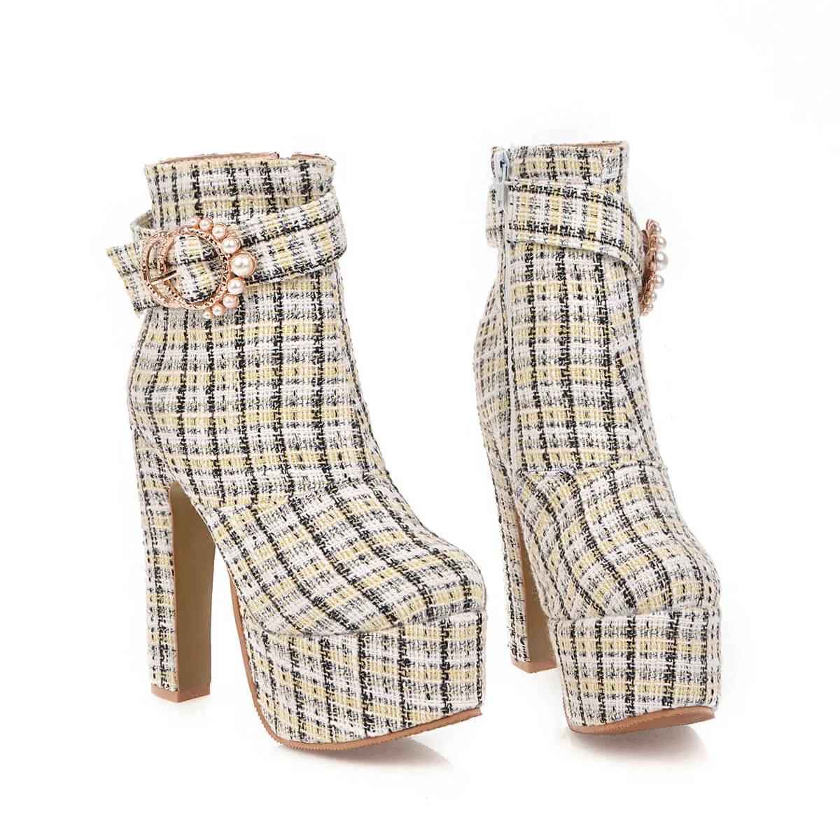 Woolen Plaid Platform Chunky Heel Ankle Boots