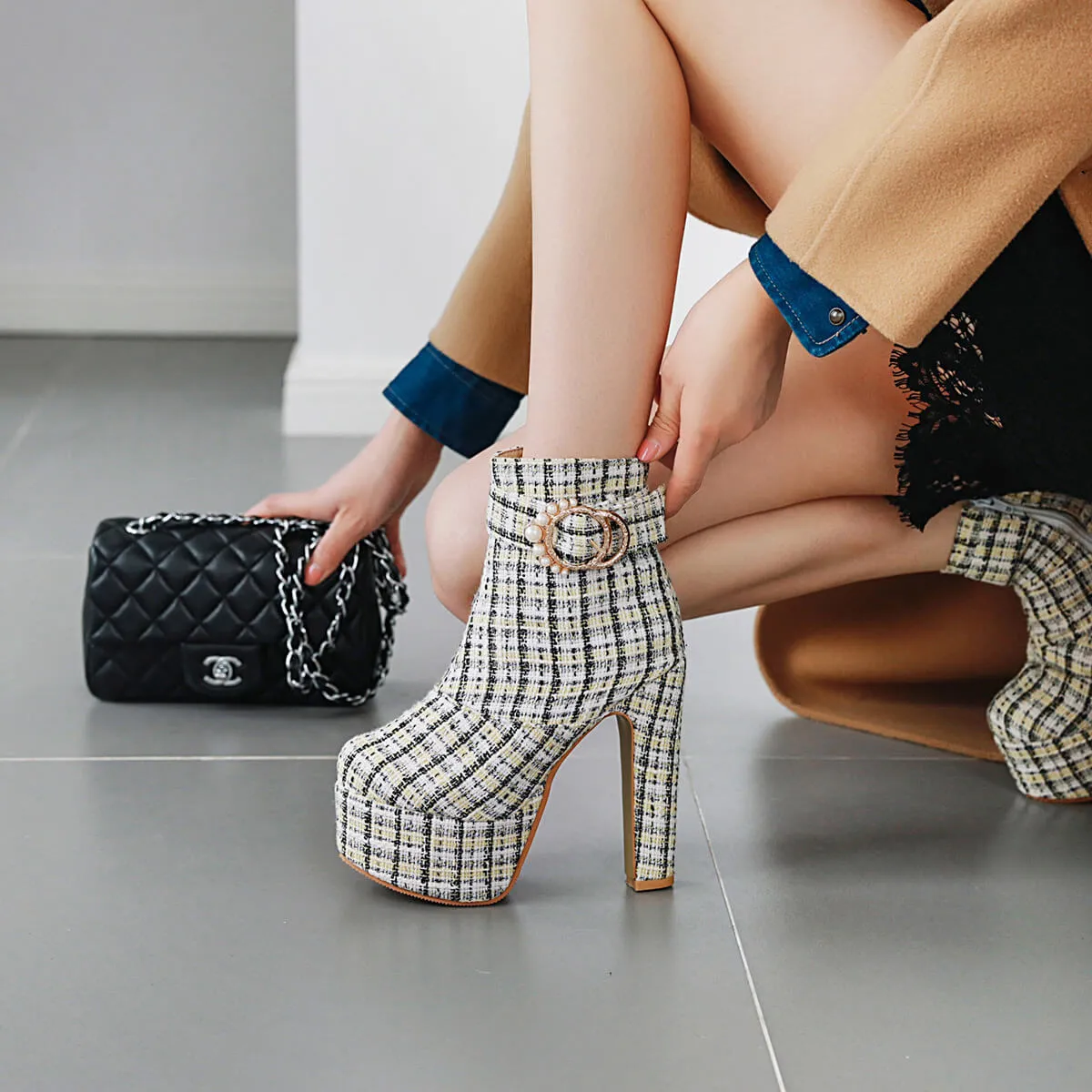 Woolen Plaid Platform Chunky Heel Ankle Boots