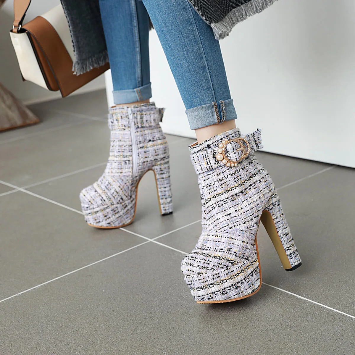 Woolen Plaid Platform Chunky Heel Ankle Boots