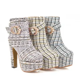 Woolen Plaid Platform Chunky Heel Ankle Boots